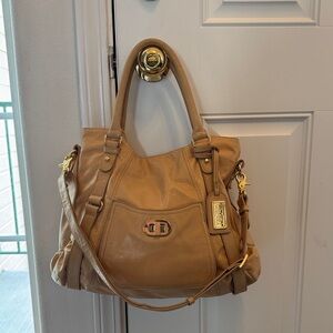 Badgley Mischka Tan large Leather Hobo Tote crossbody with Gold Hardware